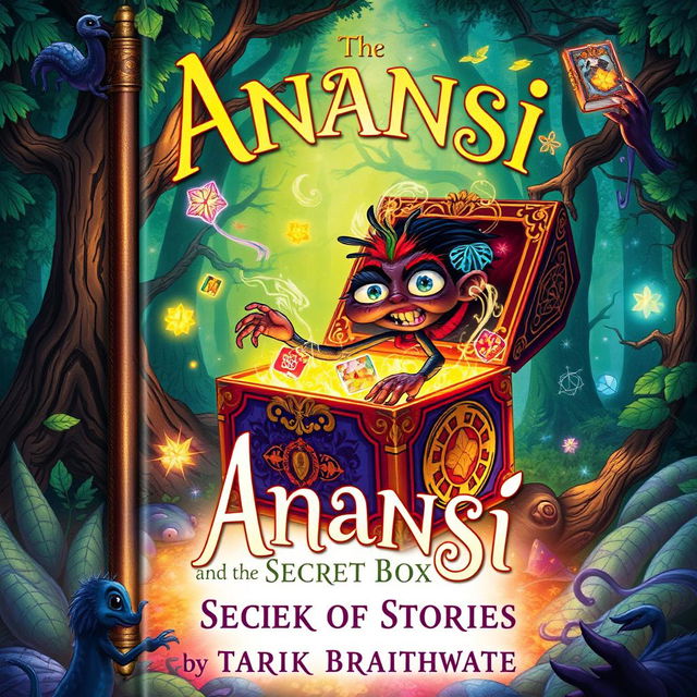 A captivating book cover featuring the title "Anansi and the Secret Box of Stories" by Tarik Braithwaite