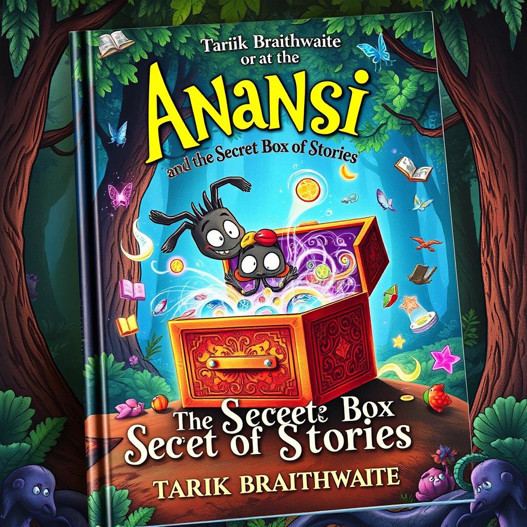 A captivating book cover featuring the title "Anansi and the Secret Box of Stories" by Tarik Braithwaite