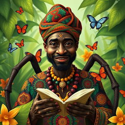 Anansi the spider depicted as an African man, showcasing a vibrant and colorful traditional outfit with intricate patterns
