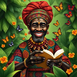Anansi the spider depicted as an African man, showcasing a vibrant and colorful traditional outfit with intricate patterns