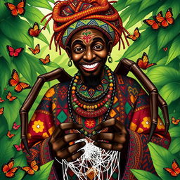 Anansi the spider depicted as an African man, showcasing a vibrant and colorful traditional outfit with intricate patterns