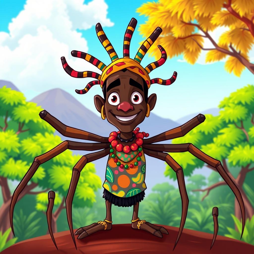 A vibrant and colorful cartoon illustration of Anansi, the spider trickster from African folklore, portrayed as an African man with spider-like features