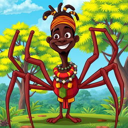 A vibrant and colorful cartoon illustration of Anansi, the spider trickster from African folklore, portrayed as an African man with spider-like features