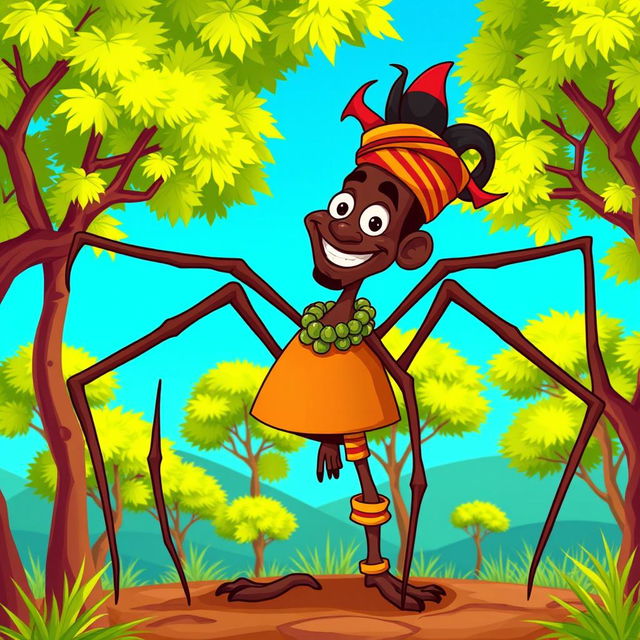 A vibrant and colorful cartoon illustration of Anansi, the spider trickster from African folklore, portrayed as an African man with spider-like features