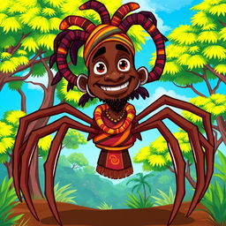 A vibrant and colorful cartoon illustration of Anansi, the spider trickster from African folklore, portrayed as an African man with spider-like features