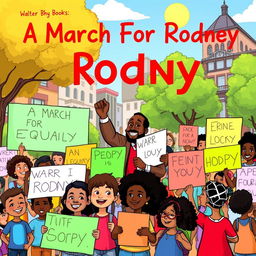 A colorful and engaging illustration for a children's book titled 'A March For Rodney', depicting a joyful and peaceful march led by a diverse group of children and adults of various ethnicities holding vibrant signs advocating unity, justice, and equality