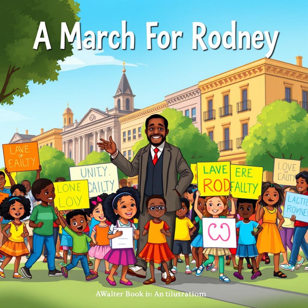 A colorful and engaging illustration for a children's book titled 'A March For Rodney', depicting a joyful and peaceful march led by a diverse group of children and adults of various ethnicities holding vibrant signs advocating unity, justice, and equality