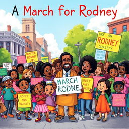 A colorful and engaging illustration for a children's book titled 'A March For Rodney', depicting a joyful and peaceful march led by a diverse group of children and adults of various ethnicities holding vibrant signs advocating unity, justice, and equality