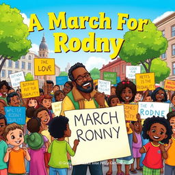A colorful and engaging illustration for a children's book titled 'A March For Rodney', depicting a joyful and peaceful march led by a diverse group of children and adults of various ethnicities holding vibrant signs advocating unity, justice, and equality