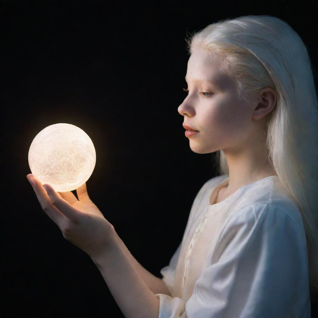 An ultra-high resolution, unedited photograph capturing a side profile of an albino teen girl holding a magical object in low light, embodying a fantasy theme.