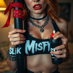 A close-up torso shot of a sexy redhead female wearing a 'Misfits' tank top