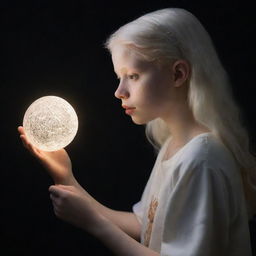 An ultra-high resolution, unedited photograph capturing a side profile of an albino teen girl holding a magical object in low light, embodying a fantasy theme.