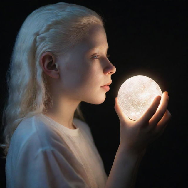 An ultra-high resolution, unedited photograph capturing a side profile of an albino teen girl holding a magical object in low light, embodying a fantasy theme.