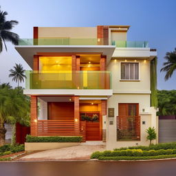 An architecturally stunning house with four bedrooms, a designated pooja room, a welcoming guest room, a spacious hall, a well-equipped kitchen, a clean washroom, a functional toilet, and a blooming garden.