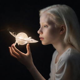 An ultra-high resolution, unedited photograph capturing a side profile of an albino teen girl holding a magical object in low light, embodying a fantasy theme.