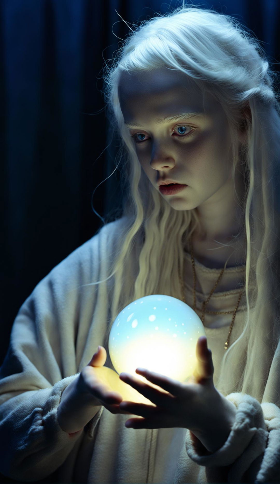 Ultra-high resolution photograph of an albino teenage girl holding a magical object in low light, embodying a fantasy theme.