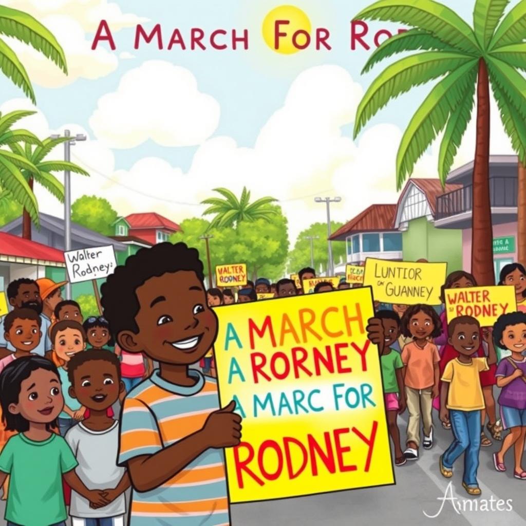 A children’s book cover illustration titled 'A March For Rodney', featuring a vibrant and colorful street scene in Georgetown, Guyana