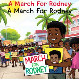A children’s book cover illustration titled 'A March For Rodney', featuring a vibrant and colorful street scene in Georgetown, Guyana