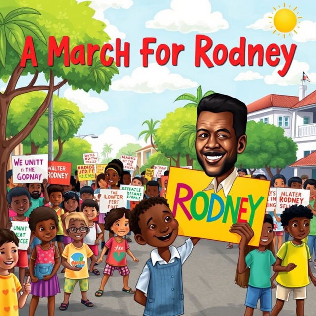 A children’s book cover illustration titled 'A March For Rodney', featuring a vibrant and colorful street scene in Georgetown, Guyana