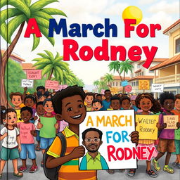 A children’s book cover illustration titled 'A March For Rodney', featuring a vibrant and colorful street scene in Georgetown, Guyana