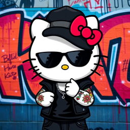 Hello Kitty designed as a boy character wearing stylish black clothes, a cool black cap, and featuring colorful tattoos on arms, giving a modern and edgy twist to the classic character