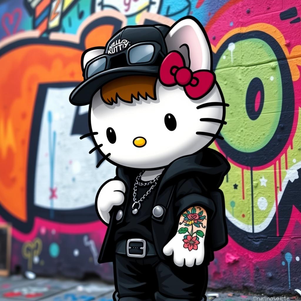 Hello Kitty designed as a boy character wearing stylish black clothes, a cool black cap, and featuring colorful tattoos on arms, giving a modern and edgy twist to the classic character