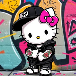 Hello Kitty designed as a boy character wearing stylish black clothes, a cool black cap, and featuring colorful tattoos on arms, giving a modern and edgy twist to the classic character