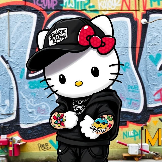 Hello Kitty designed as a boy character wearing stylish black clothes, a cool black cap, and featuring colorful tattoos on arms, giving a modern and edgy twist to the classic character