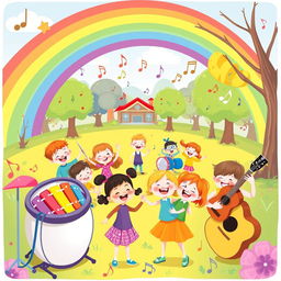 A vibrant and cheerful illustration representing children's music, featuring a playful scene with various musical instruments like drums, a colorful xylophone, and a guitar