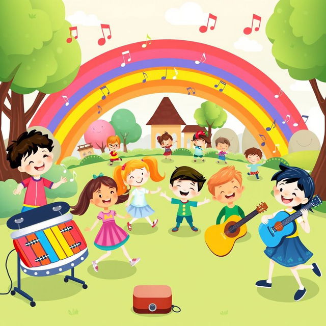 A vibrant and cheerful illustration representing children's music, featuring a playful scene with various musical instruments like drums, a colorful xylophone, and a guitar