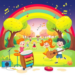 A vibrant and cheerful illustration representing children's music, featuring a playful scene with various musical instruments like drums, a colorful xylophone, and a guitar