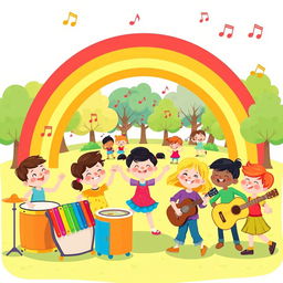 A vibrant and cheerful illustration representing children's music, featuring a playful scene with various musical instruments like drums, a colorful xylophone, and a guitar