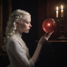 Ultra-high resolution photograph of an albino teenager in a Victorian gothic room, focused on her side-profile holding a glowing dark red crystal ball showing swirling smoky figures, captured in low light.