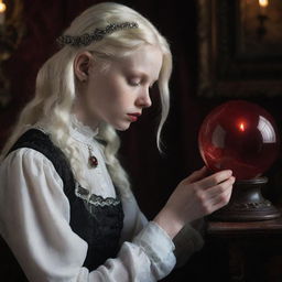 Ultra-high resolution photograph of an albino teenager in a Victorian gothic room, focused on her side-profile holding a glowing dark red crystal ball showing swirling smoky figures, captured in low light.