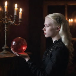 Ultra-high resolution photograph of an albino teenager in a Victorian gothic room, focused on her side-profile holding a glowing dark red crystal ball showing swirling smoky figures, captured in low light.