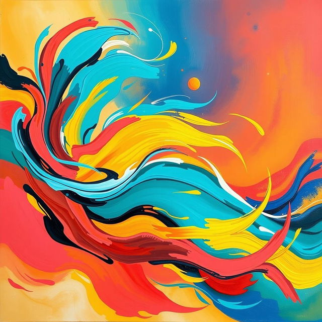 A vibrant and colorful abstract artwork titled 'Lemanque', featuring flowing shapes and dynamic movement