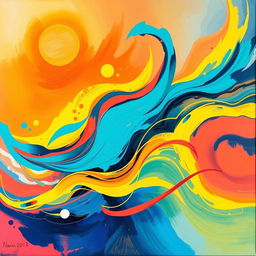 A vibrant and colorful abstract artwork titled 'Lemanque', featuring flowing shapes and dynamic movement