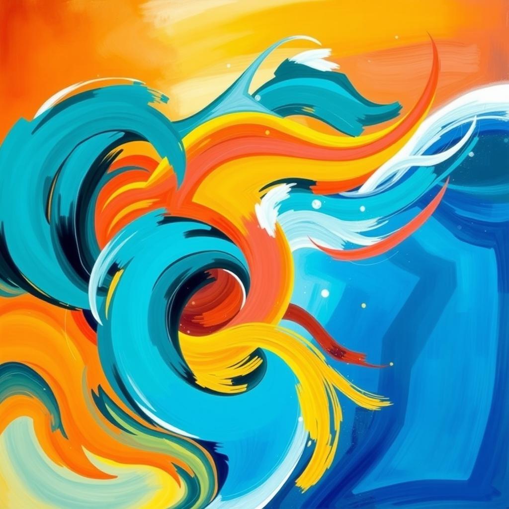 A vibrant and colorful abstract artwork titled 'Lemanque', featuring flowing shapes and dynamic movement