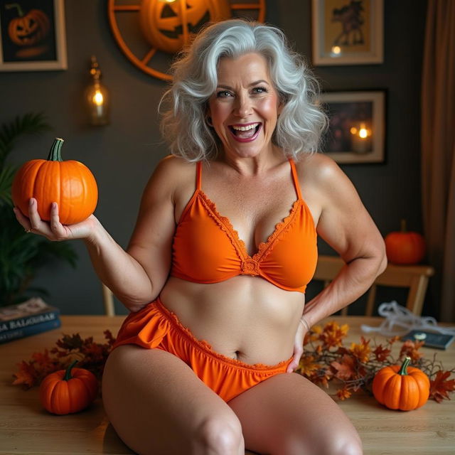 A playful and curvy wrinkly woman in her 70s, showcasing her soft, silver curls, poses charmingly against a beautifully decorated table