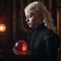 Ultra-high resolution photograph of an albino teenager in a Victorian gothic room, focused on her side-profile holding a glowing dark red crystal ball showing swirling smoky figures, captured in low light.