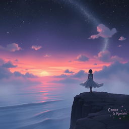An enchanting and serene scene titled 'Créer le Manque', depicting a dreamy landscape at twilight