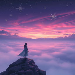 An enchanting and serene scene titled 'Créer le Manque', depicting a dreamy landscape at twilight
