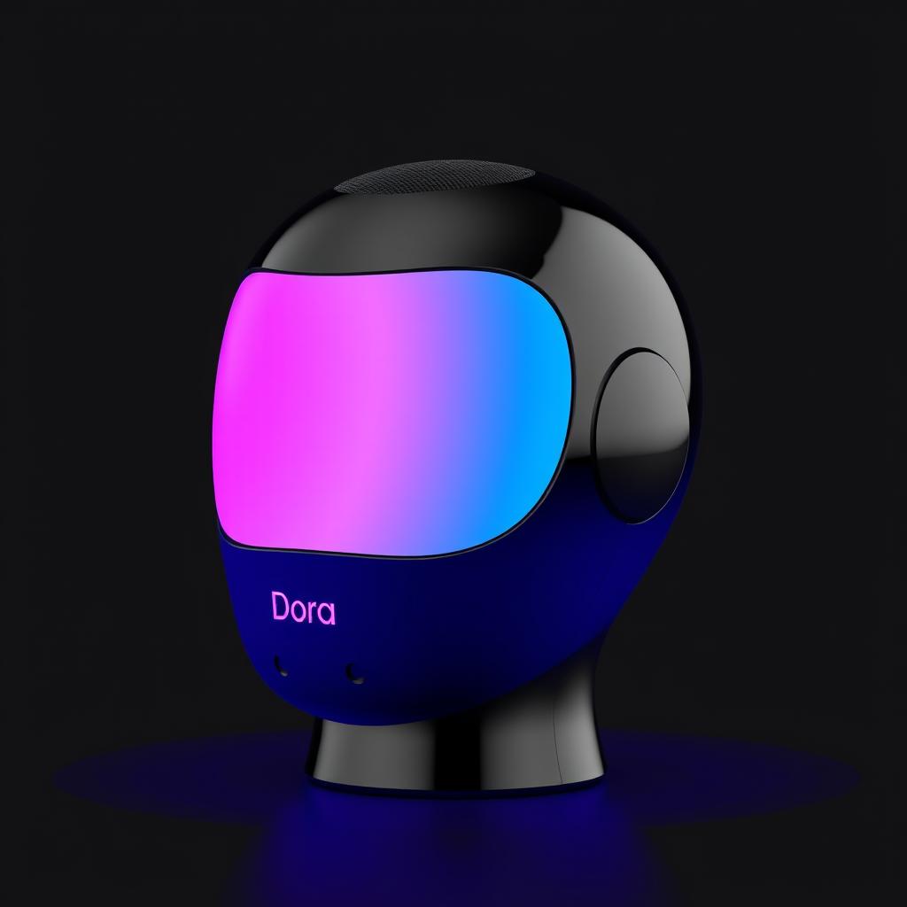 A unique speaker designed in the shape of a head, featuring a sleek black finish with a gradient that transitions from blue to pink, incorporating vibrant purple tones