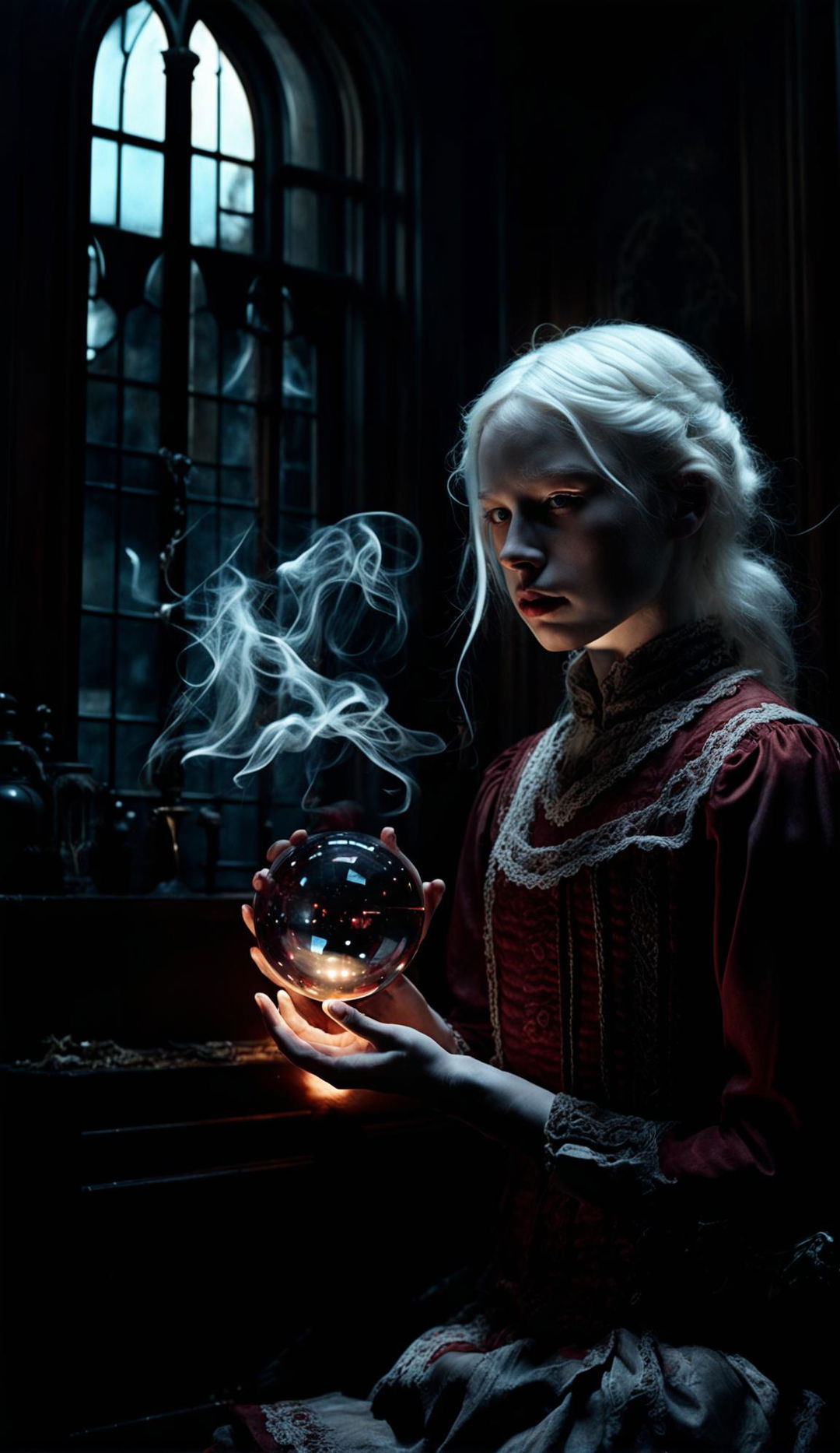 Ultra-high resolution photograph of an albino teenager in a Victorian gothic room holding a glowing dark red crystal ball showing swirling smoky figures.