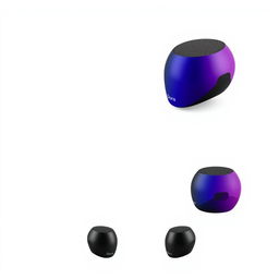 A unique speaker designed in the shape of a head, featuring a sleek black finish with a gradient that transitions from blue to pink, incorporating vibrant purple tones