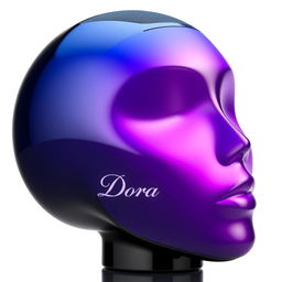 A unique speaker designed in the shape of a head, featuring a sleek black finish with a gradient that transitions from blue to pink, incorporating vibrant purple tones
