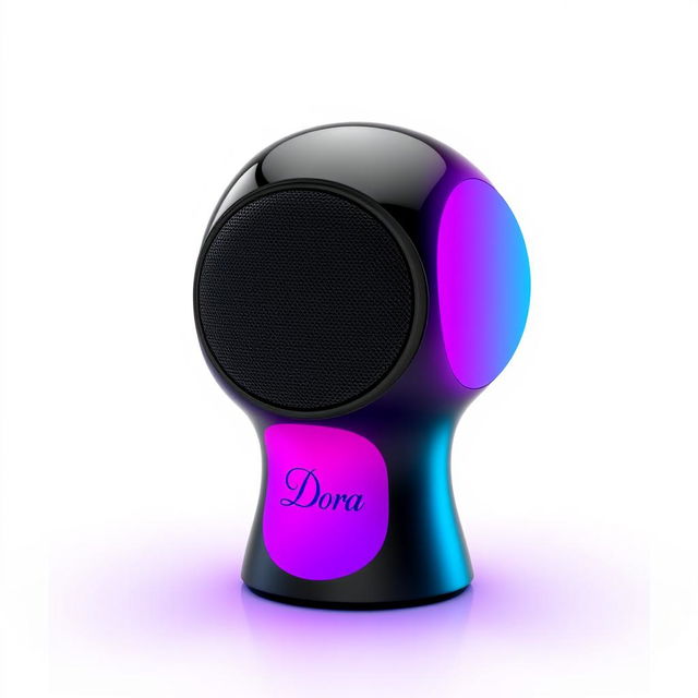 A unique speaker designed in the shape of a head, featuring a sleek black finish with a gradient that transitions from blue to pink, incorporating vibrant purple tones