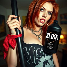 A close-up shot of a sexy redhead female with a large chest and pronounced cleavage, wearing a 'Misfits' tank top adorned with punk chains