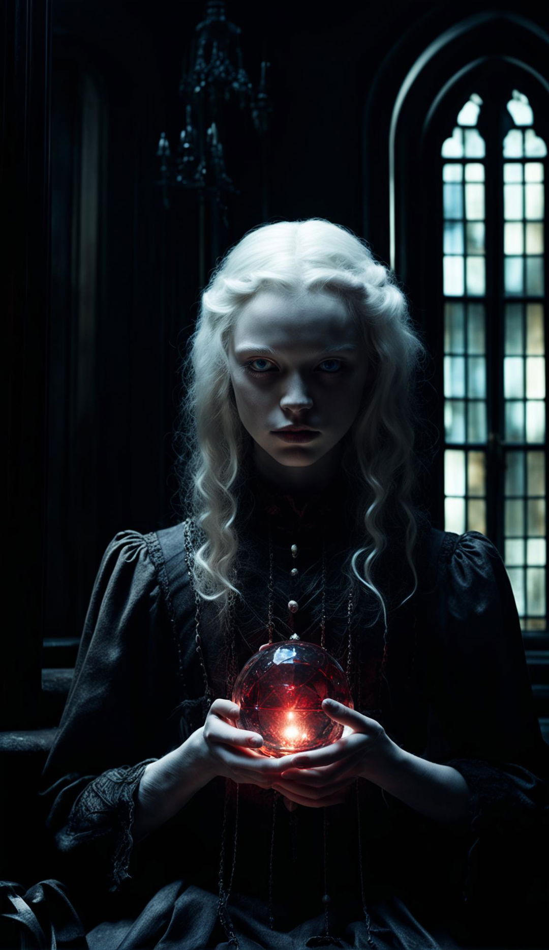 Ultra-high resolution photograph of an albino teenager in a Victorian gothic room holding a glowing dark red crystal ball showing swirling smoky figures.