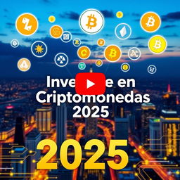 A vibrant and eye-catching YouTube thumbnail featuring the bold text 'Invierte en Criptomonedas 2025' in an engaging font